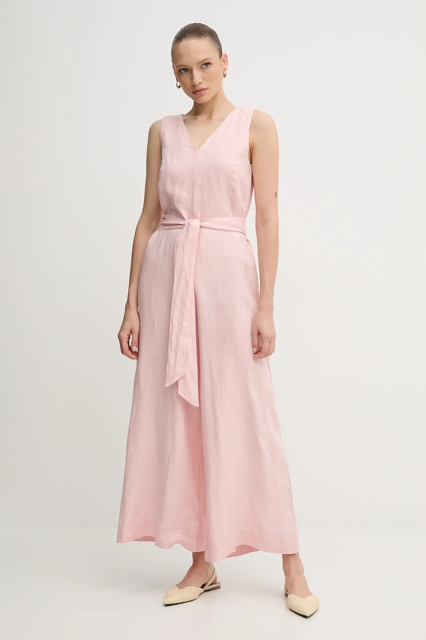United Colors of Benetton salopeta din in culoarea roz, cu decolteu in v, 4AGHDT00E
