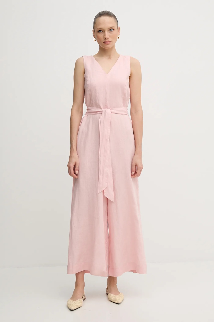 Льняной комбинезон United Colors of Benetton цвет розовый острое декольте 4AGHDT00E