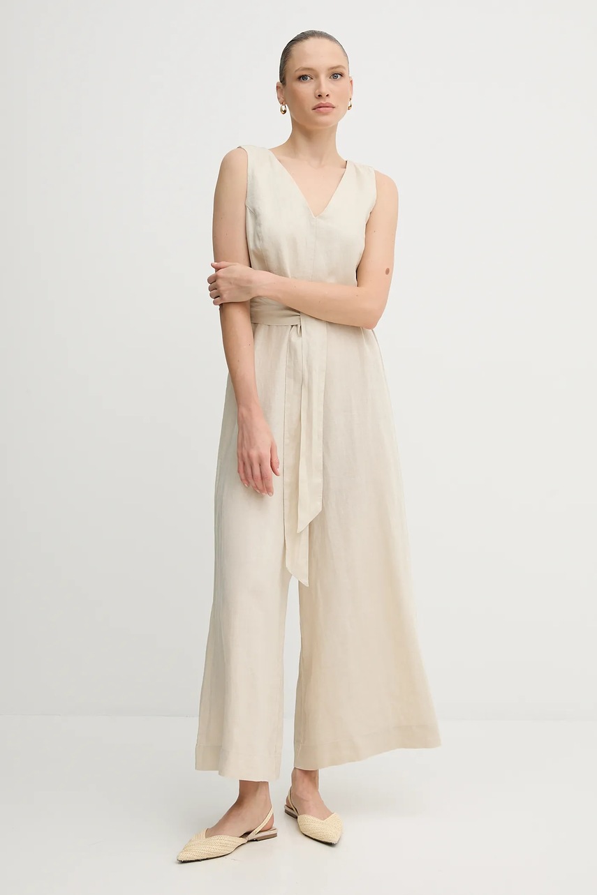 Льняной комбинезон United Colors of Benetton цвет бежевый острое декольте 4AGHDT00E