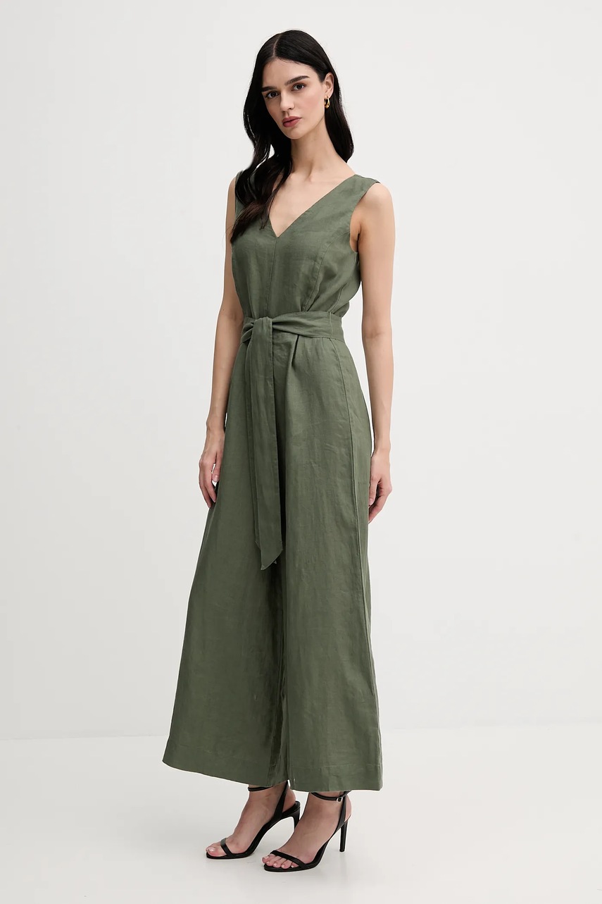 Льняной комбинезон United Colors of Benetton цвет зелёный острое декольте 4AGHDT00E