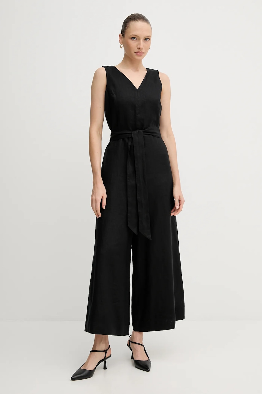 United Colors of Benetton salopeta din in culoarea negru, cu decolteu in v, 4AGHDT00E