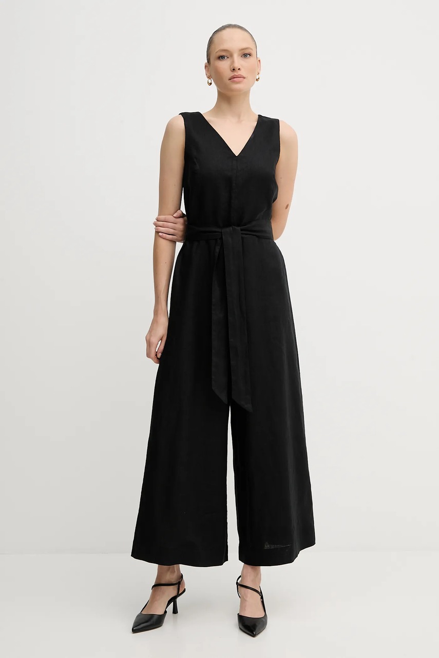 Льняной комбинезон United Colors of Benetton цвет чёрный острое декольте 4AGHDT00E