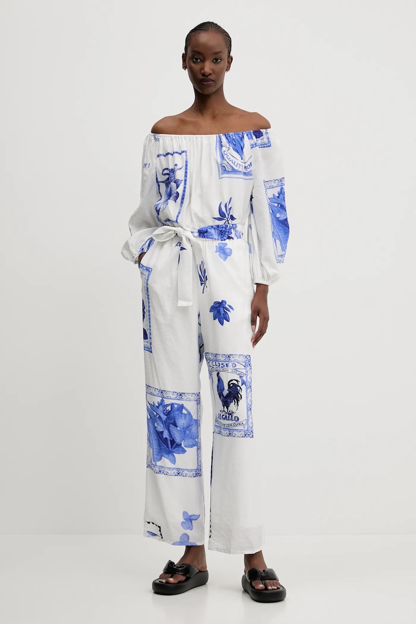 Desigual salopetă TÁMESIS culoarea alb, cold shoulder, 25SWPW06 Desigual salopetă TÁMESIS culoarea alb, cold shoulder, 25SWPW06