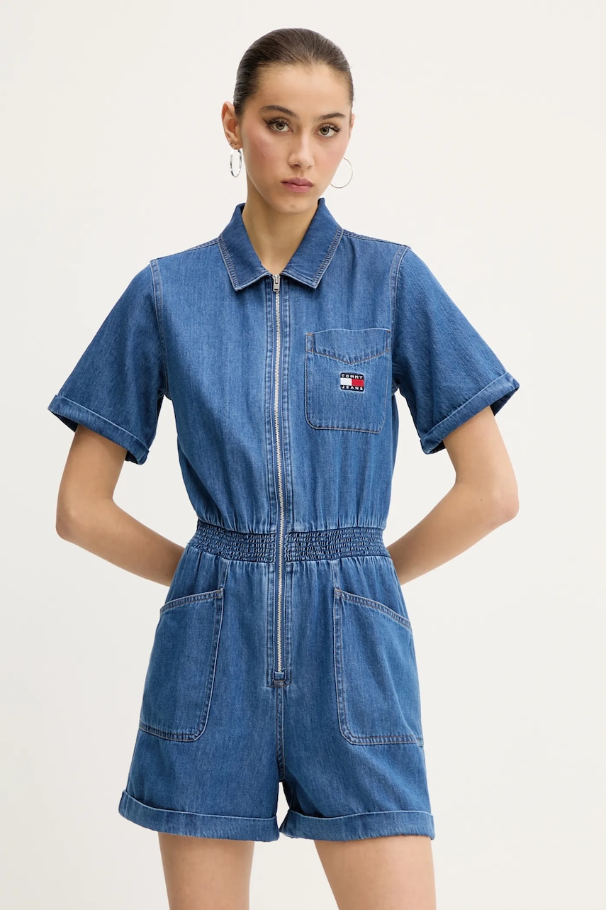Tommy Jeans salopeta jeans bumbac, cu guler, DW0DW20371