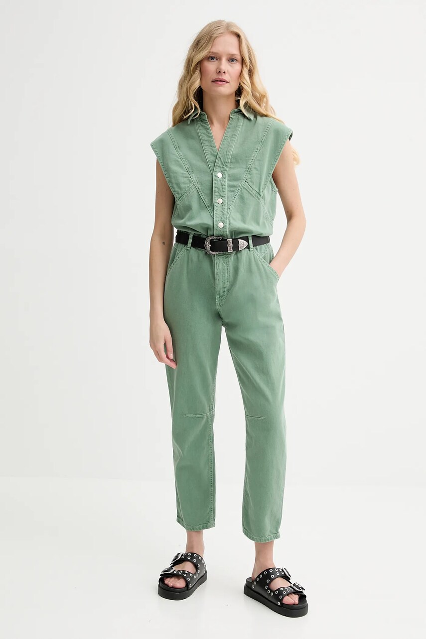 BA&SH salopetă din denim FIGO culoarea verde, cu amestec de in, cu decolteu in v, 1E25FIGO