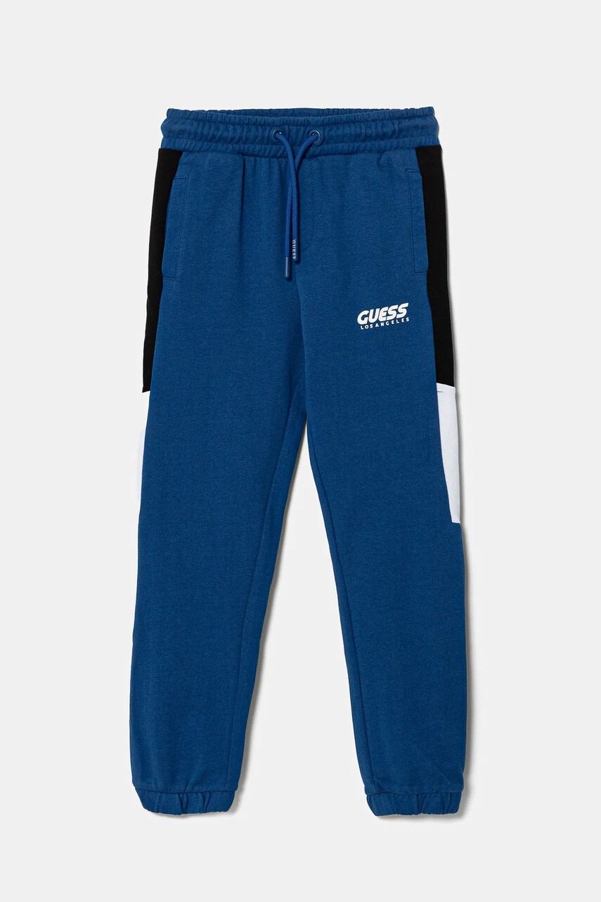 Levně Dětské bavlněné tepláky Guess modrá barva, s potiskem, N5RQ11 KA6R4