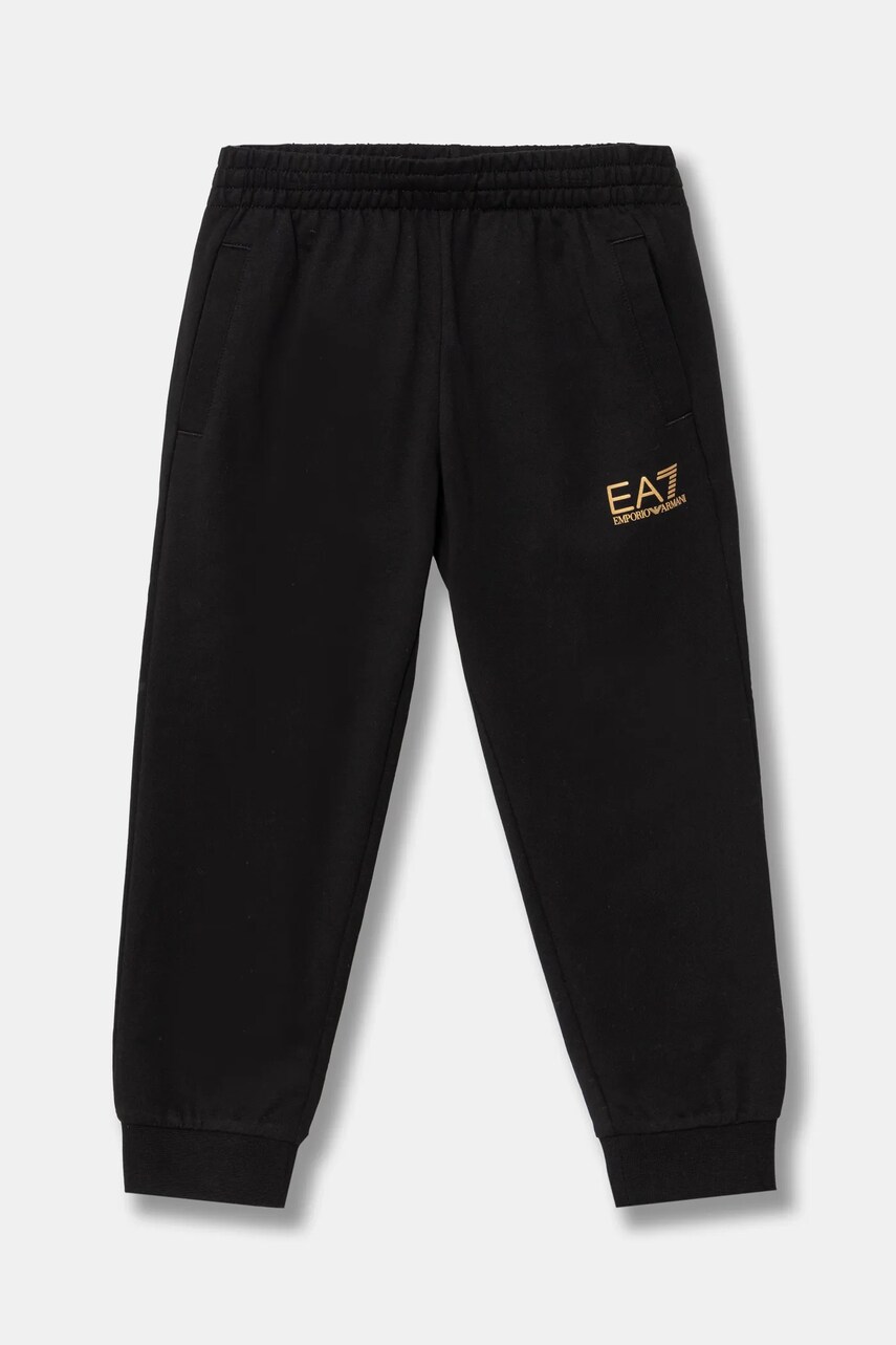 EA7 Emporio Armani pantaloni de trening din bumbac pentru copii culoarea negru, neted, 7B000027 AF10380