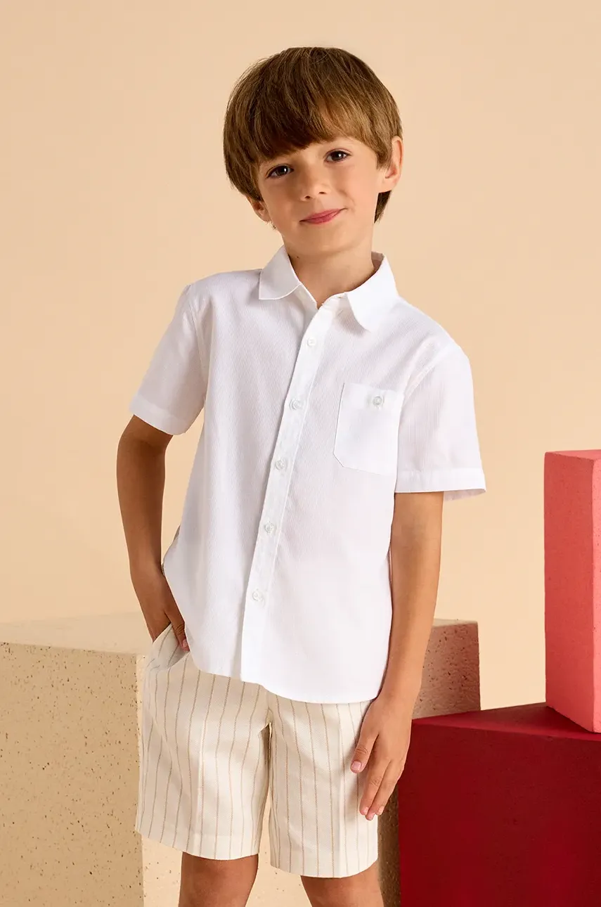 Mayoral pantaloni cu amestec de in pentru copii culoarea bej, cu imprimeu, 3217