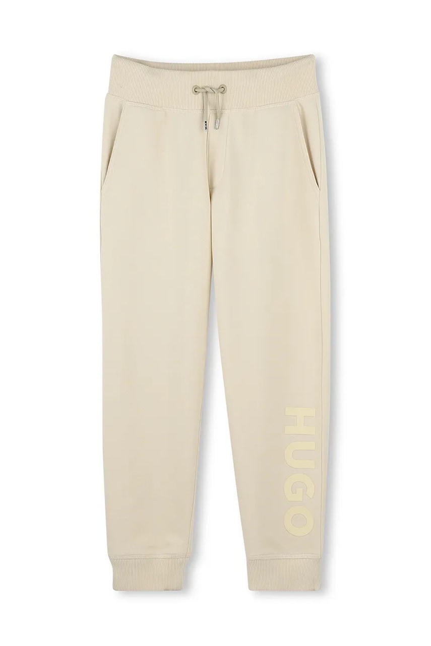 HUGO pantaloni de trening pentru copii culoarea bej, cu imprimeu, G00362