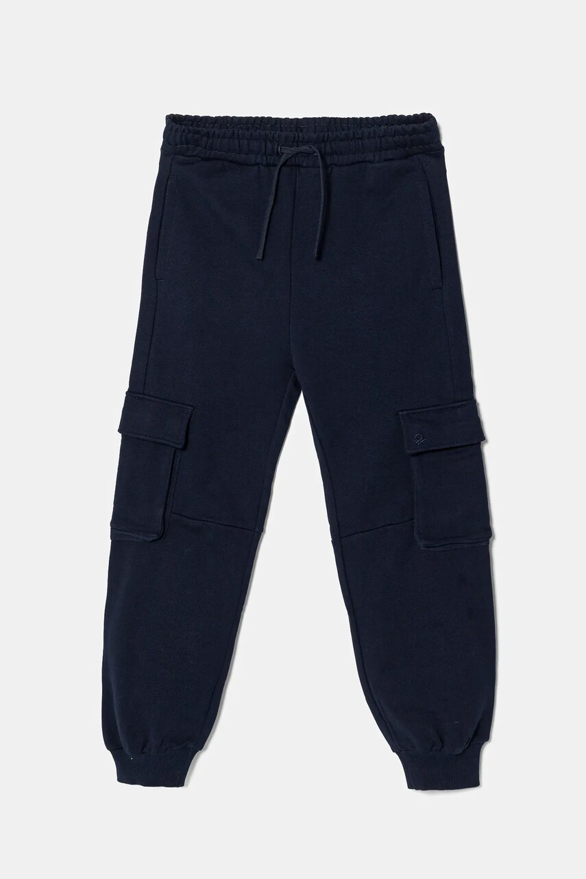 United Colors of Benetton pantaloni de trening din bumbac pentru copii culoarea albastru marin, neted, 3UNICF066