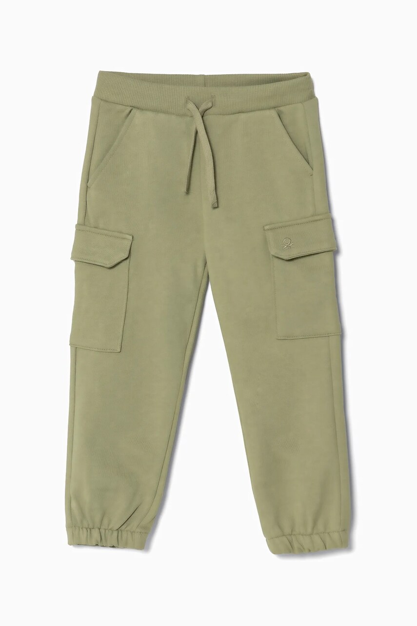 United Colors of Benetton pantaloni de trening din bumbac pentru copii culoarea verde, neted, 3UNIGF045