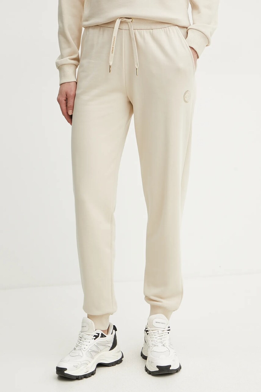 Armani Exchange pantaloni de trening din bumbac femei, culoarea bej, cu imprimeu, XW000319 AF12217