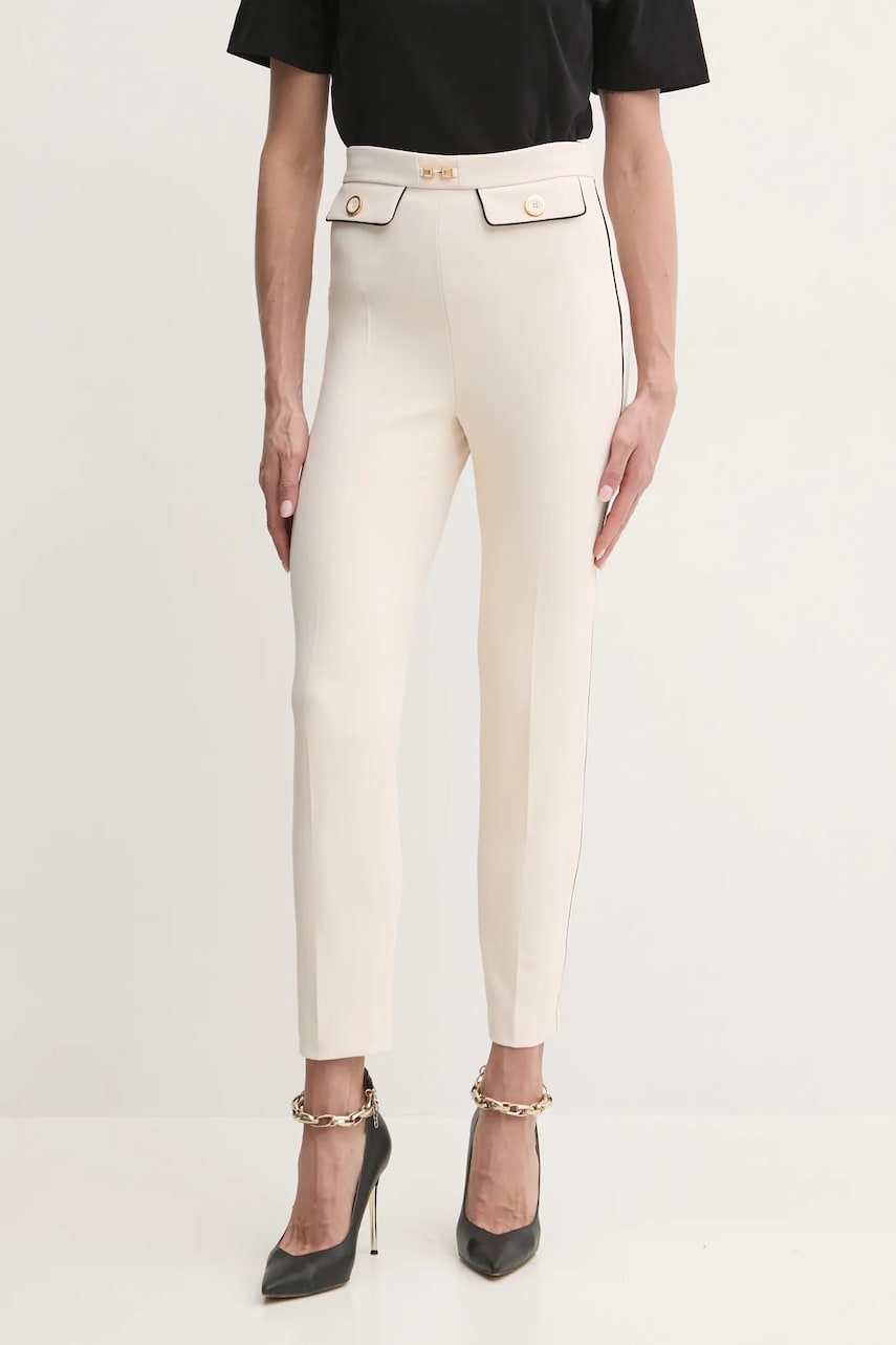 Elisabetta Franchi pantaloni femei, culoarea bej, mulata, high waist, PAT7151E2