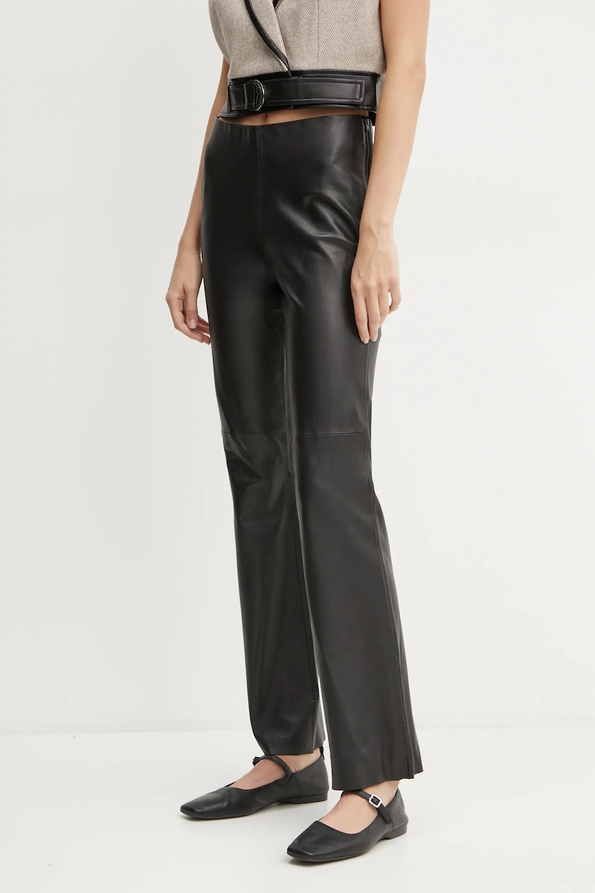 Bruuns Bazaar pantaloni de piele femei, culoarea negru, drept, high waist, BBW4302 Bruuns Bazaar pantaloni de piele femei, culoarea negru, drept, high waist, BBW4302