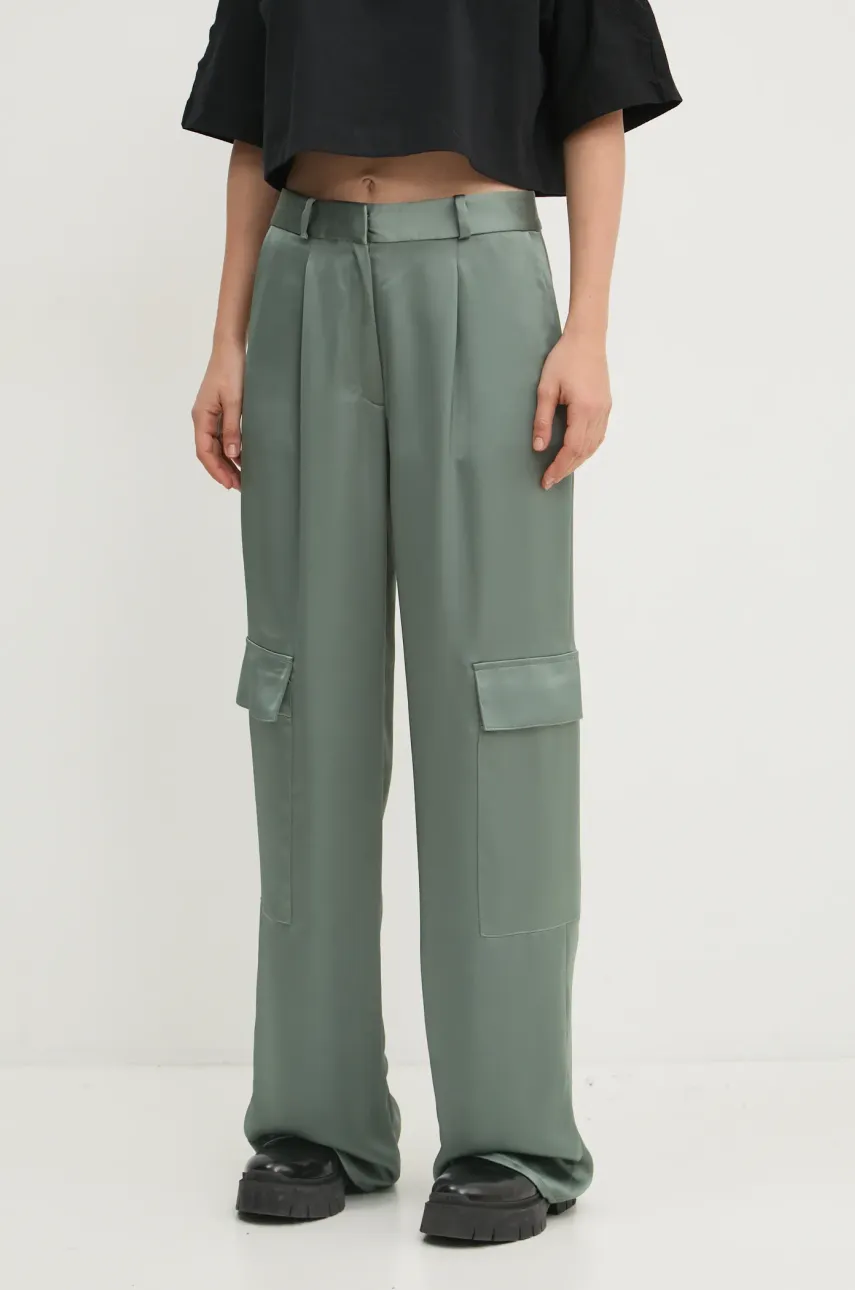 HUGO pantaloni femei, culoarea verde, lat, high waist, 50530080