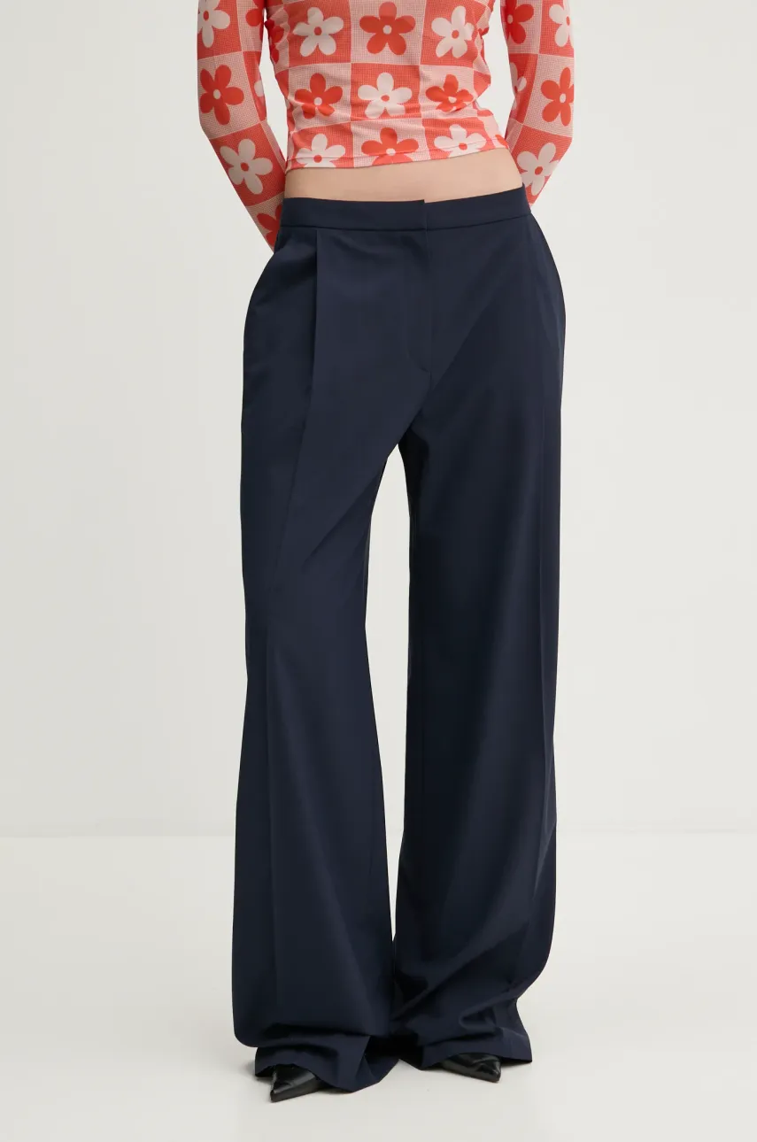 HUGO pantaloni femei, culoarea albastru marin, lat, high waist, 50530103