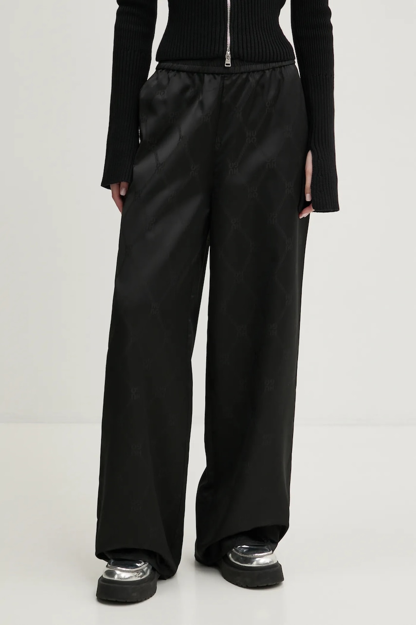 HUGO pantaloni femei, culoarea negru, lat, high waist, 50538802