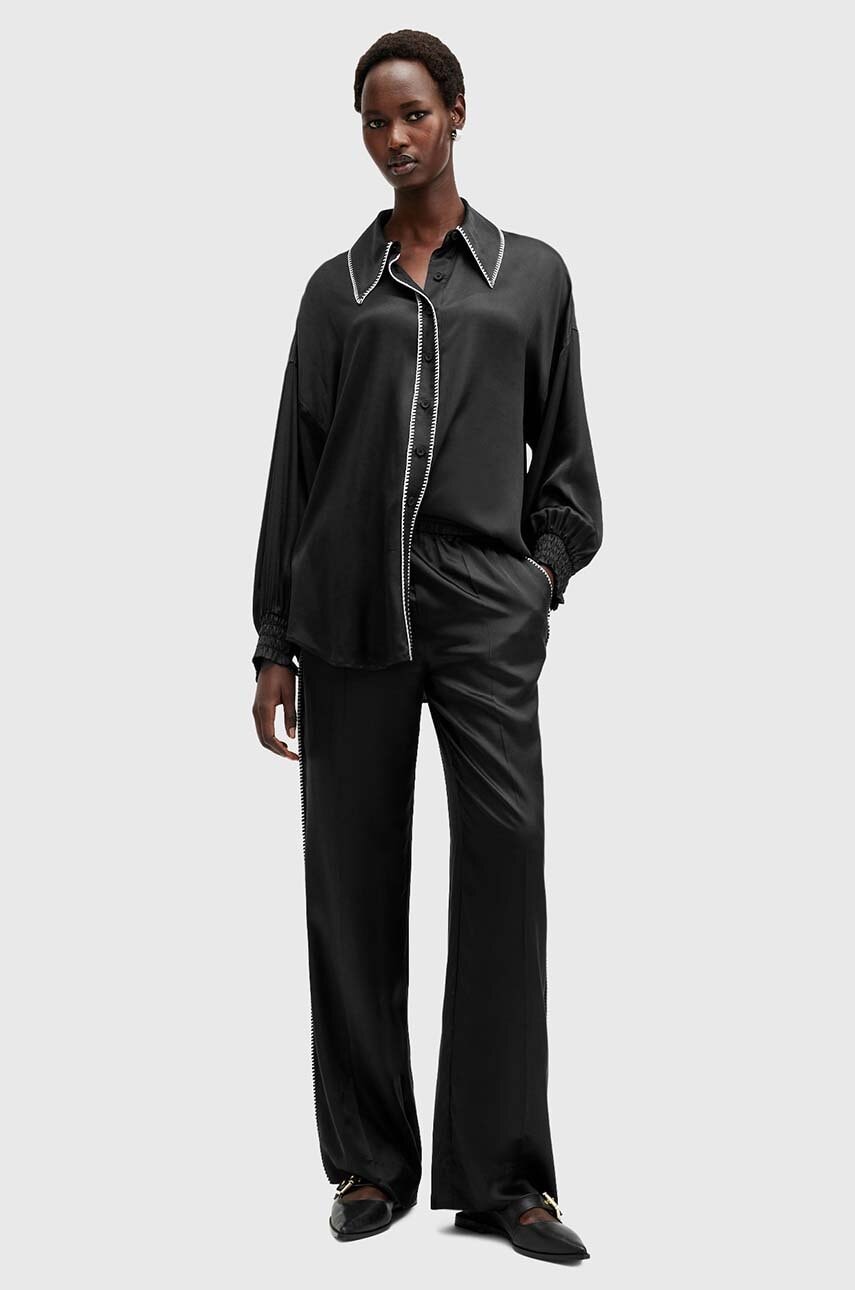 AllSaints pantaloni din amestec de mătase CHARLI culoarea negru, lat, high waist, W010TB AllSaints pantaloni din amestec de mătase CHARLI culoarea negru, lat, high waist, W010TB
