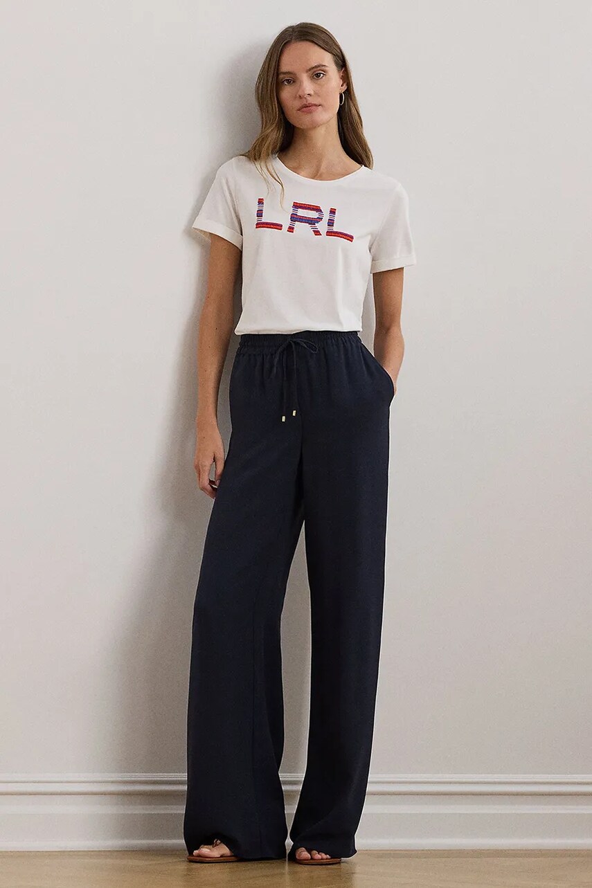 Levně Kalhoty Lauren Ralph Lauren dámské, tmavomodrá barva, široké, high waist, 200957061