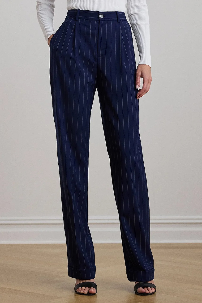 Шерстяные брюки Lauren Ralph Lauren цвет синий широкие высокая посадка 200957330 Шерстяные брюки Lauren Ralph Lauren цвет синий широкие высокая посадка 200957330