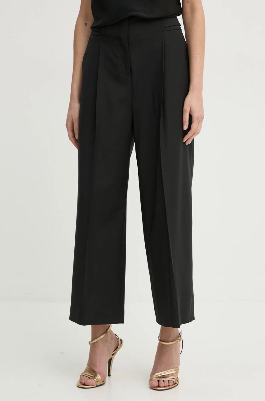 BOSS pantaloni de lână culoarea negru, drept, high waist, 50531903