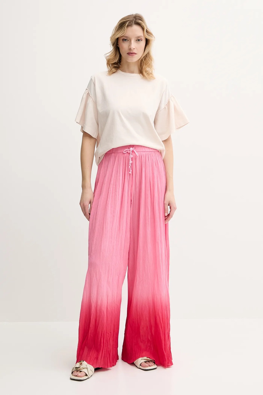 Хлопковые брюки Pinko цвет розовый широкие высокая посадка 104756 A2G4 Хлопковые брюки Pinko цвет розовый широкие высокая посадка 104756 A2G4