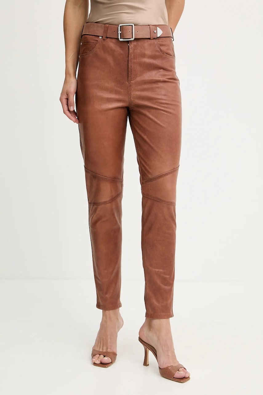 Levně Kožené kalhoty Pinko dámské, hnědá barva, high waist, 103896 A2I1