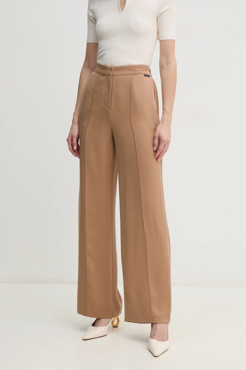 Karl Lagerfeld pantaloni femei, culoarea bej, drept, high waist, A1W10070