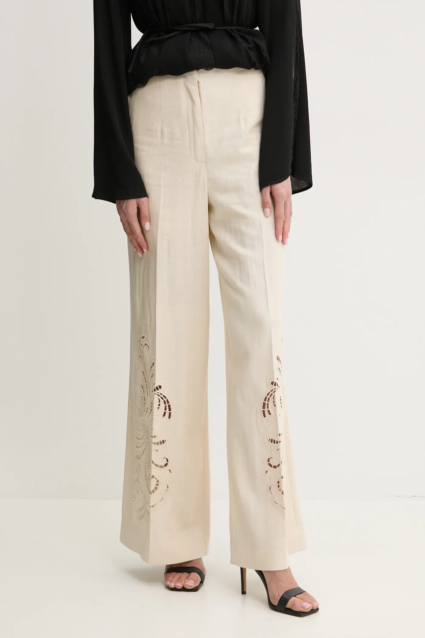 Levně Lněné kalhoty Twinset dámské, béžová barva, široké, high waist, 251TP2165
