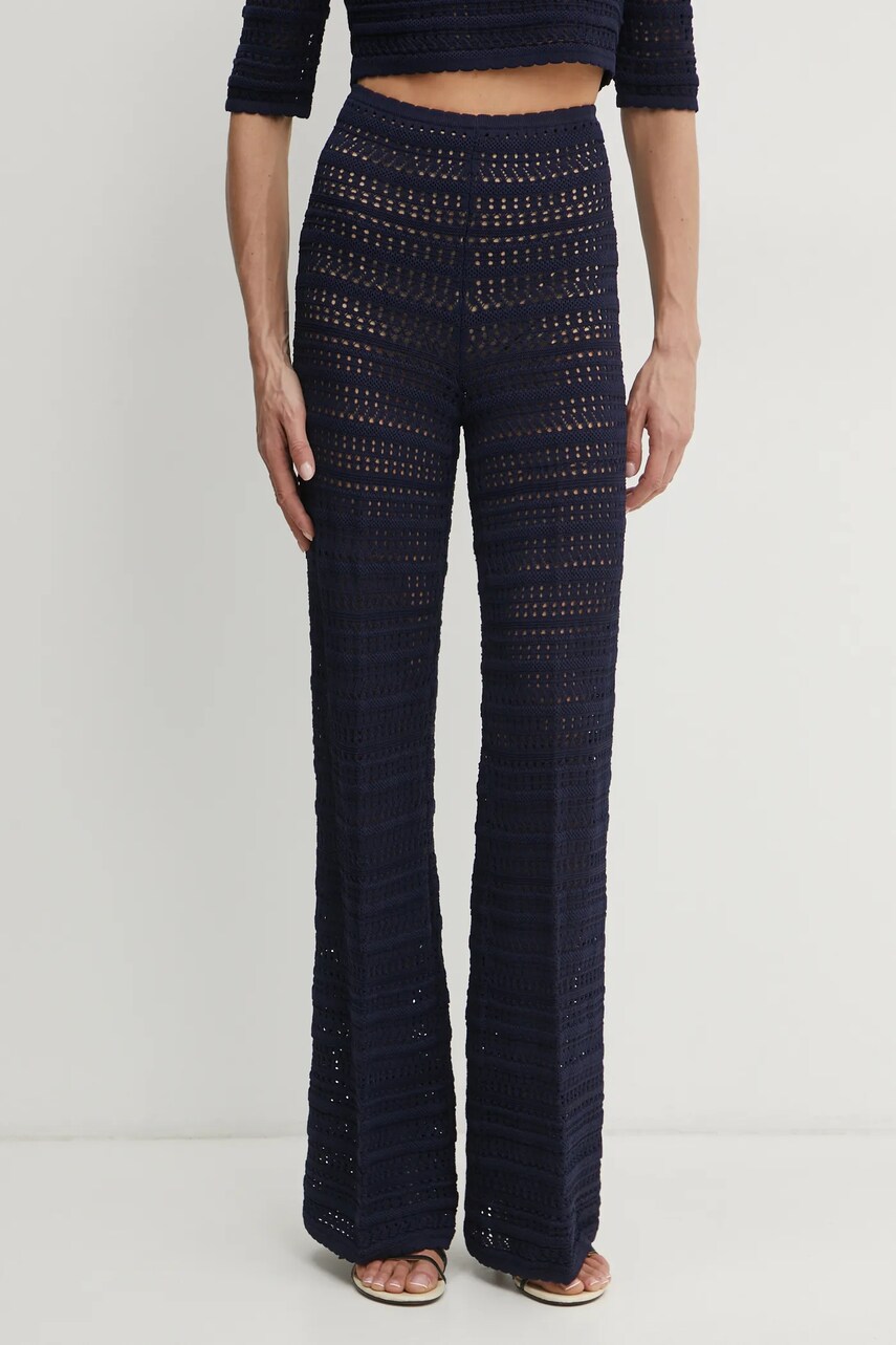 Levně Kalhoty Twinset dámské, tmavomodrá barva, jednoduché, high waist, 251TP3193