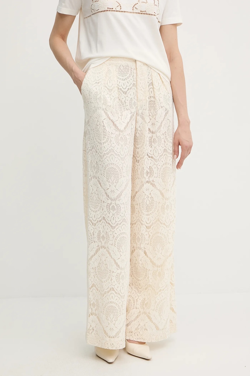 Levně Kalhoty Twinset dámské, béžová barva, široké, high waist, 251TS2191