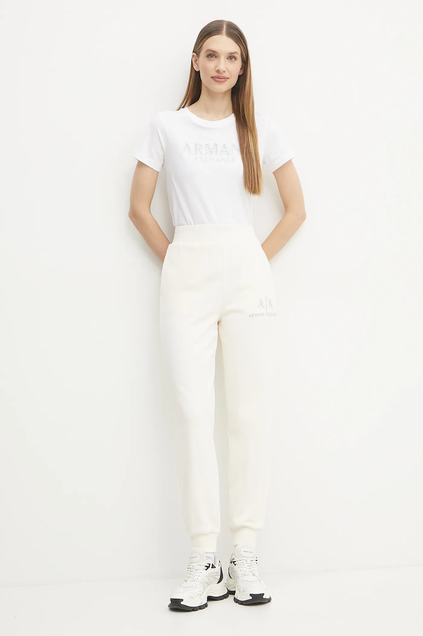 Хлопковые спортивные штаны Armani Exchange женские цвет бежевый с принтом XW000162 AF11851 Хлопковые спортивные штаны Armani Exchange женские цвет бежевый с принтом XW000162 AF11851