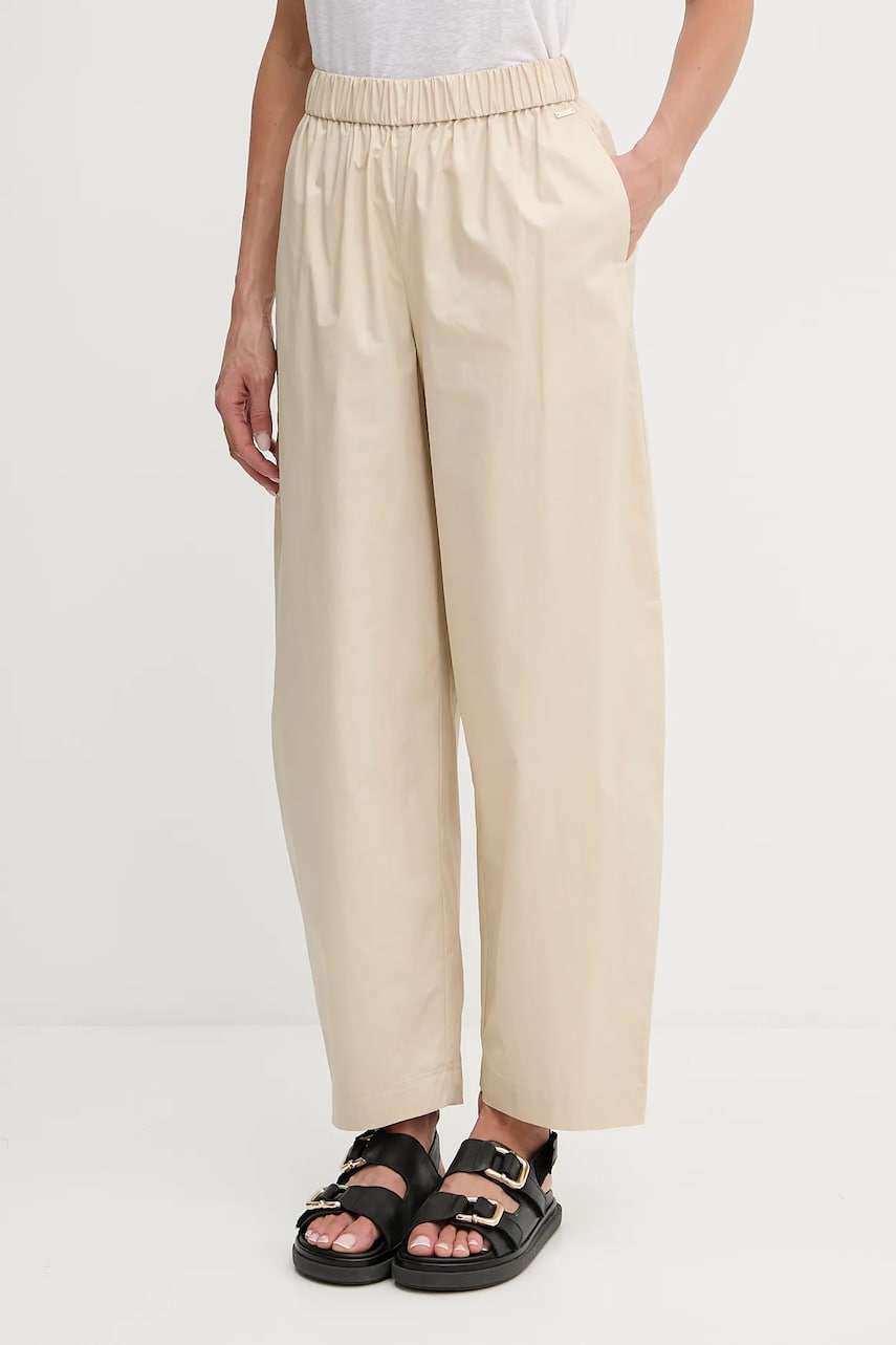Levně Bavlněné kalhoty Armani Exchange dámské, béžová barva, široké, high waist, XW000475 AF12812