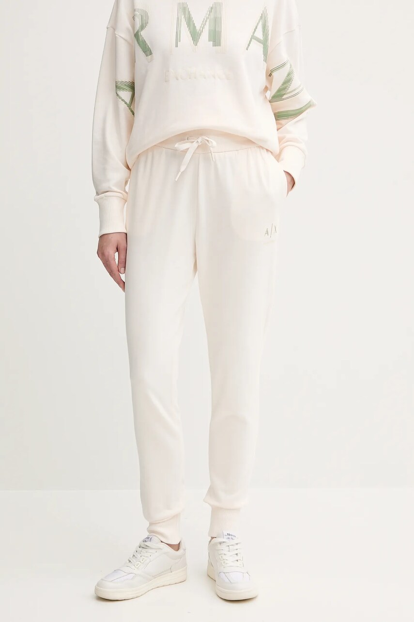 Armani Exchange pantaloni de trening din bumbac culoarea bej, uni, XW000497 AF12739