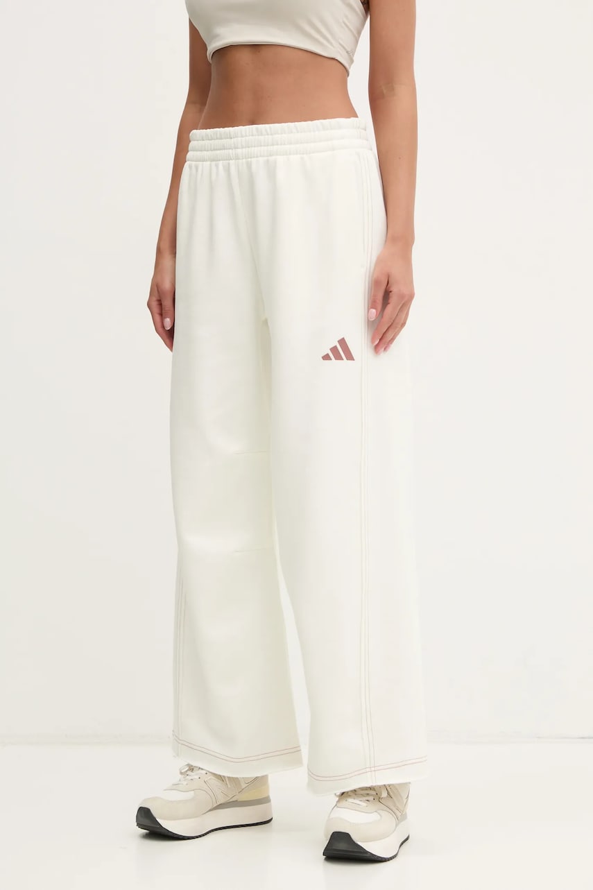 adidas pantaloni de trening ALL SZN Graphic femei, culoarea bej, neted, JJ4530 adidas pantaloni de trening ALL SZN Graphic femei, culoarea bej, neted, JJ4530