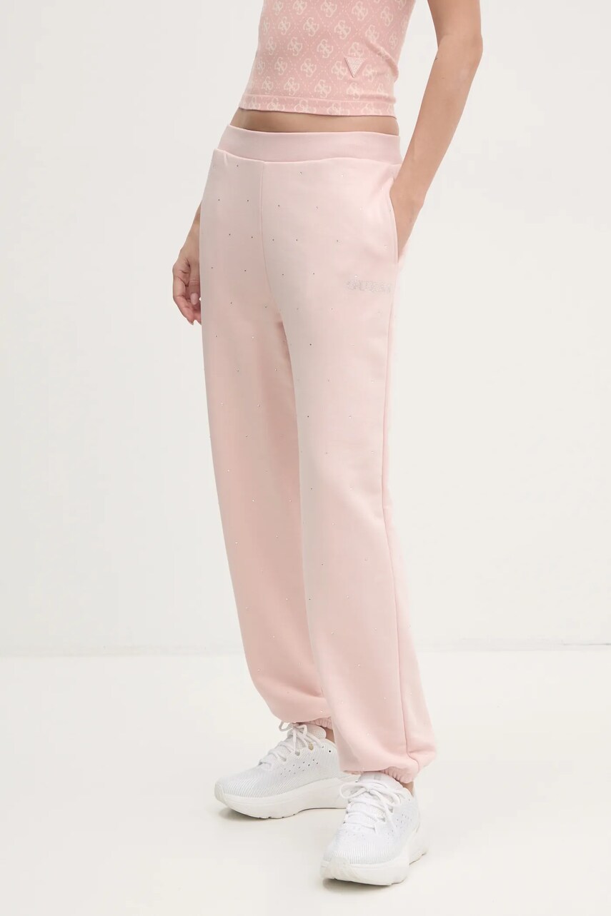 Levně Tepláky Guess RHINESTONES růžová barva, s aplikací, V5RB08 KCLJ0