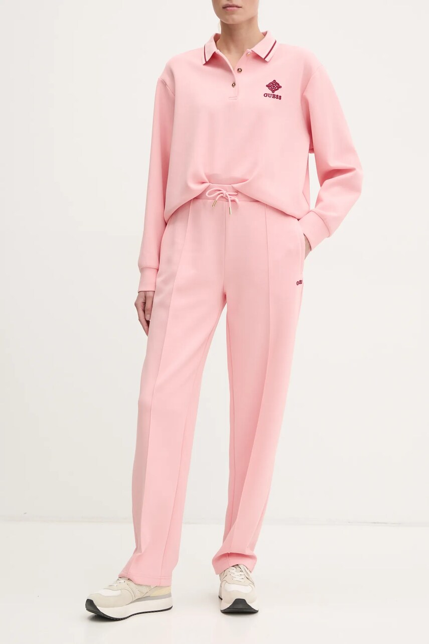 Levně Tepláky Guess MARGARET růžová barva, hladké, V5RB01 KCLD1