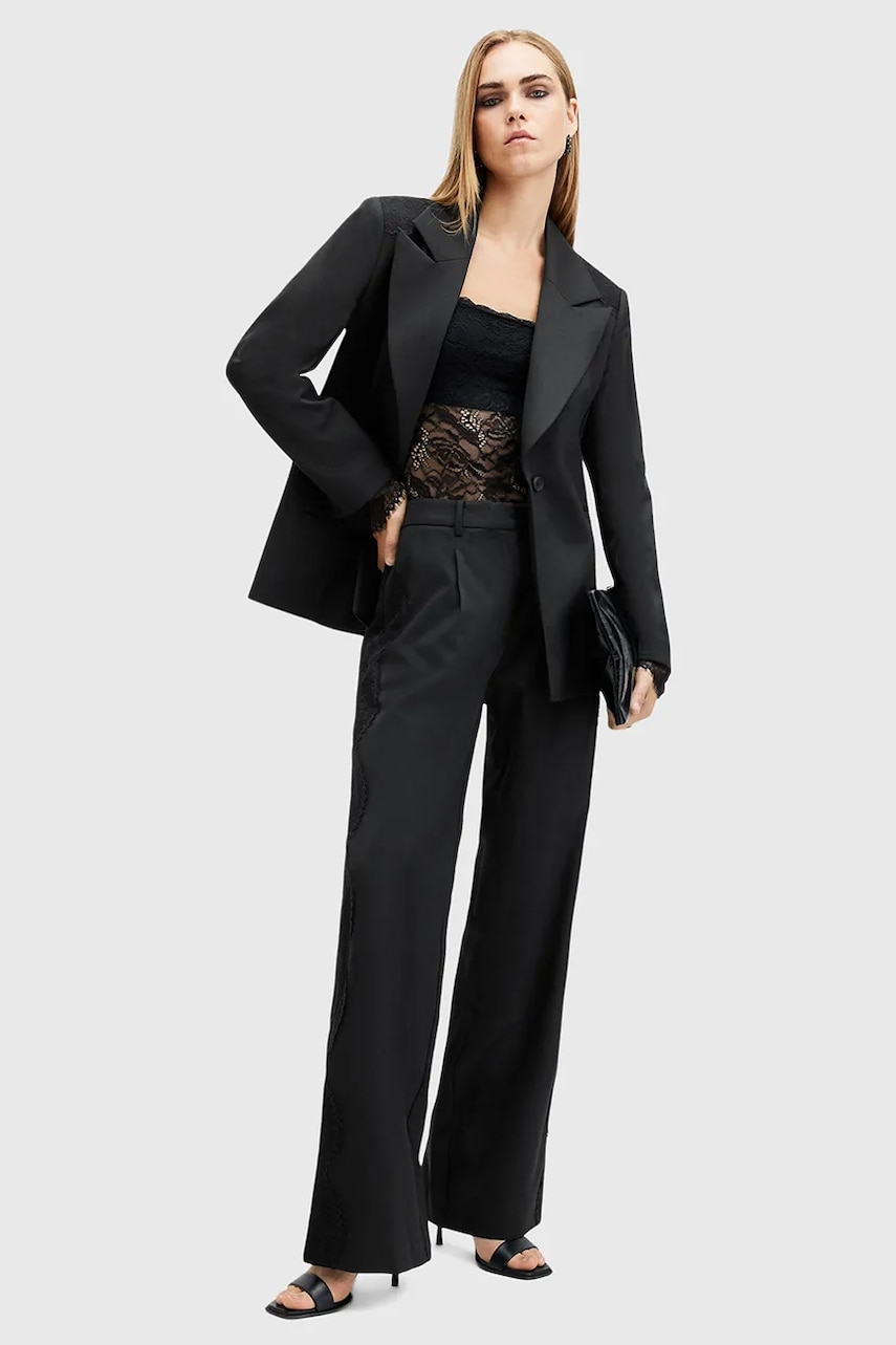 AllSaints pantaloni LACEY femei, culoarea negru, lat, medium waist, W017QB AllSaints pantaloni LACEY femei, culoarea negru, lat, medium waist, W017QB