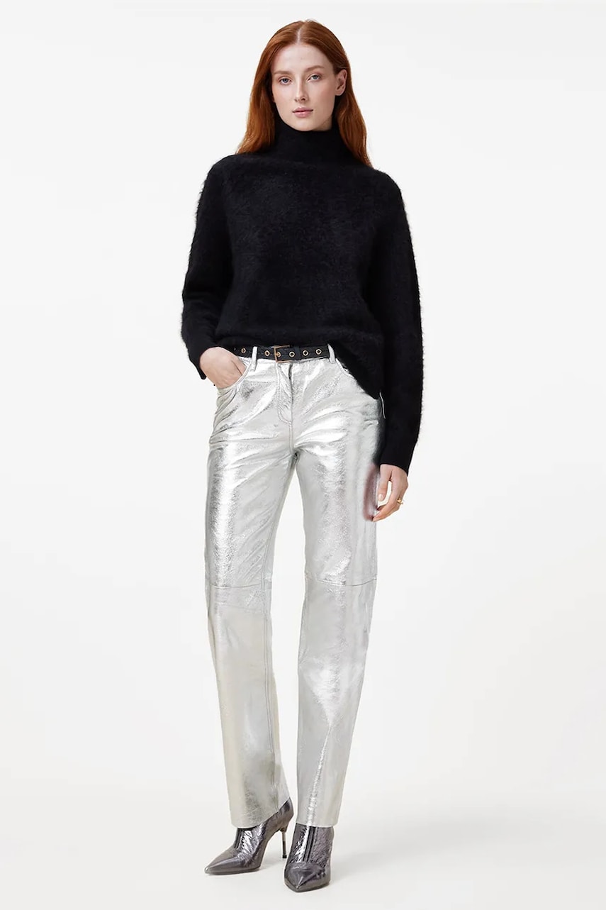 AllSaints pantaloni de piele SAIGE femei, culoarea argintiu, drept, medium waist, W047TB