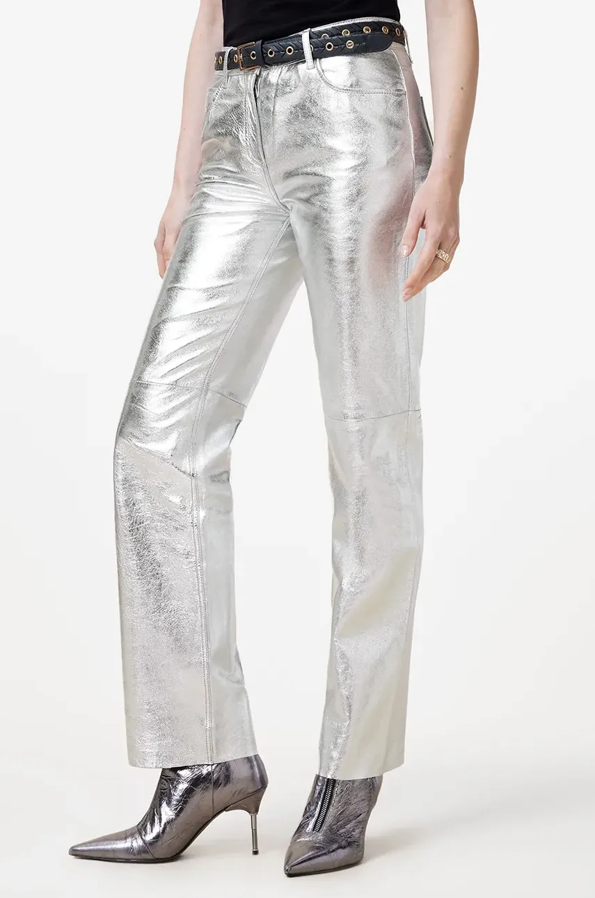 Кожаные брюки AllSaints SAIGE женские цвет серебрянный прямые средняя посадка W047TB Кожаные брюки AllSaints SAIGE женские цвет серебрянный прямые средняя посадка W047TB