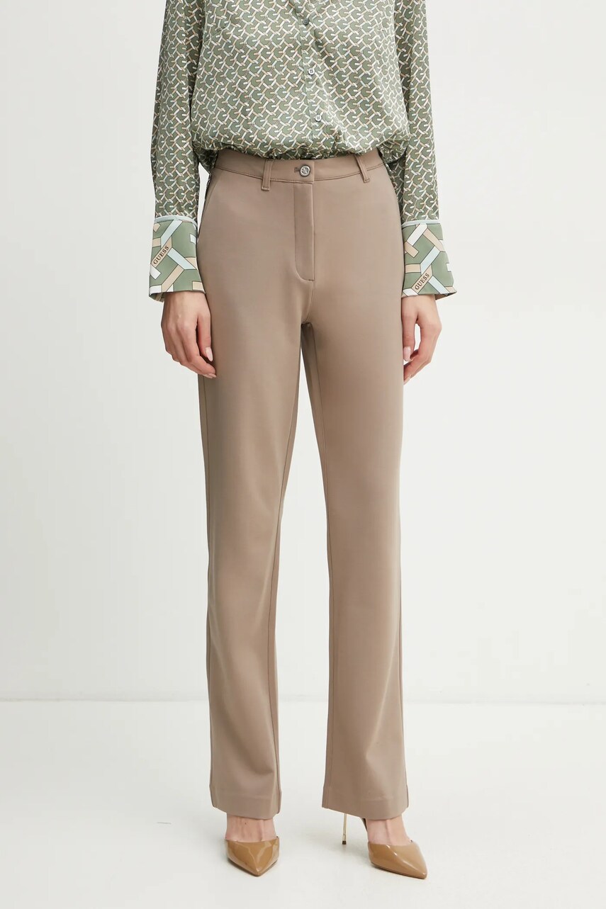 Levně Kalhoty Guess NEW ZOE dámské, béžová barva, jednoduché, high waist, W5RB30 KCMU2