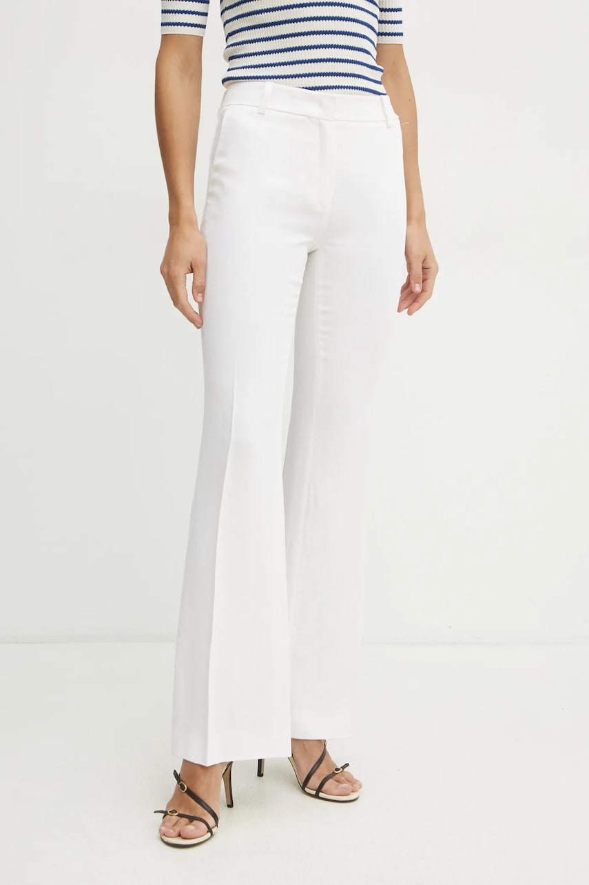 Luisa Spagnoli pantaloni din in femei, culoarea bej, evazati, high waist, 542052 Luisa Spagnoli pantaloni din in femei, culoarea bej, evazati, high waist, 542052