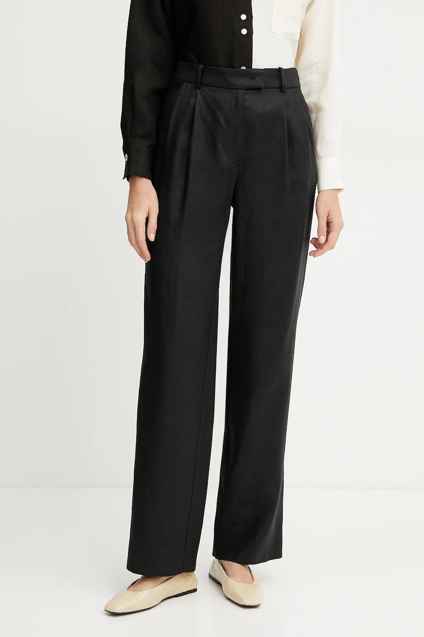 Luisa Spagnoli pantaloni din in femei, culoarea negru, drept, high waist, 542054 Luisa Spagnoli pantaloni din in femei, culoarea negru, drept, high waist, 542054