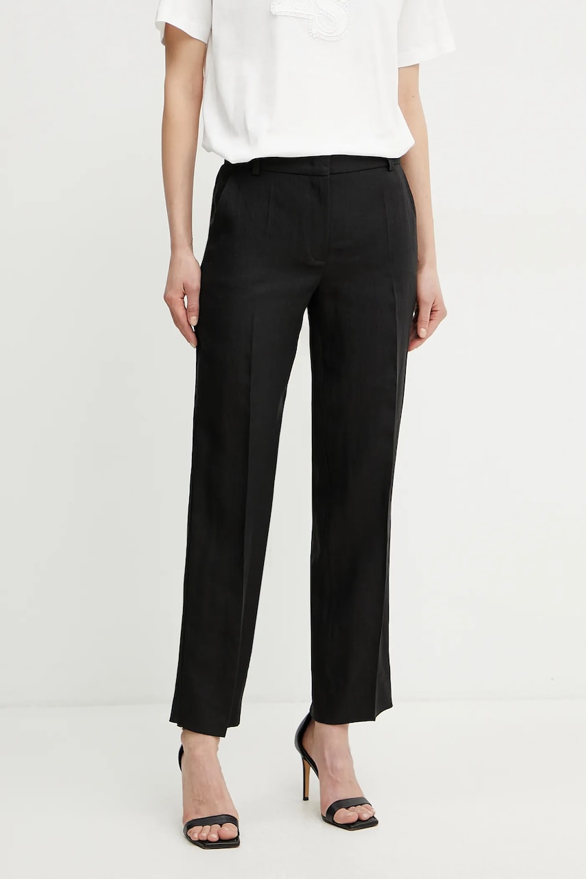 Luisa Spagnoli pantaloni din in femei, culoarea negru, drept, medium waist, 542090