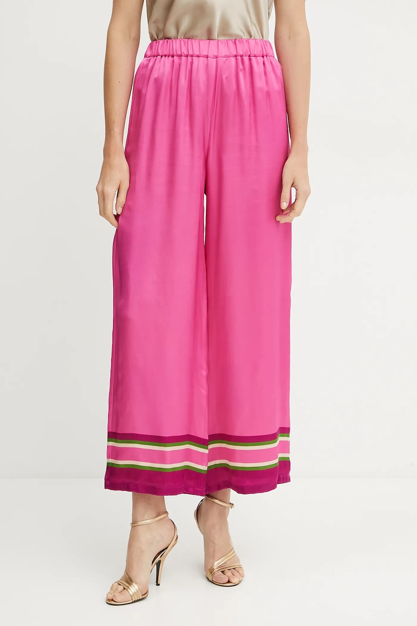 Luisa Spagnoli pantaloni de mătase femei, culoarea roz, lat, high waist, 542106 Luisa Spagnoli pantaloni de mătase femei, culoarea roz, lat, high waist, 542106