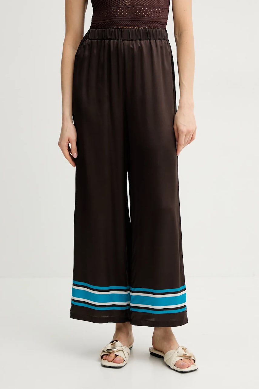 Luisa Spagnoli pantaloni de mătase femei, culoarea maro, lat, high waist, 542106 Luisa Spagnoli pantaloni de mătase femei, culoarea maro, lat, high waist, 542106
