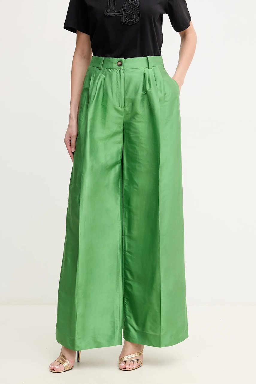Luisa Spagnoli pantaloni de mătase femei, culoarea verde, lat, high waist, 542165 Luisa Spagnoli pantaloni de mătase femei, culoarea verde, lat, high waist, 542165