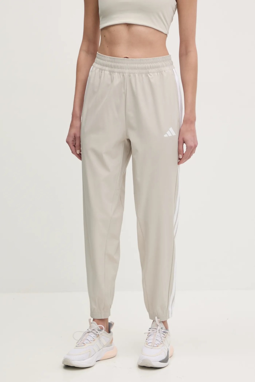 adidas Performance pantaloni de antrenament 3 Stripes culoarea bej, cu imprimeu, JD6522
