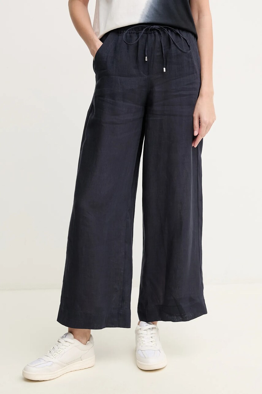 Marella pantaloni din in MATTINO femei, culoarea albastru marin, lat, high waist, 2513131084200