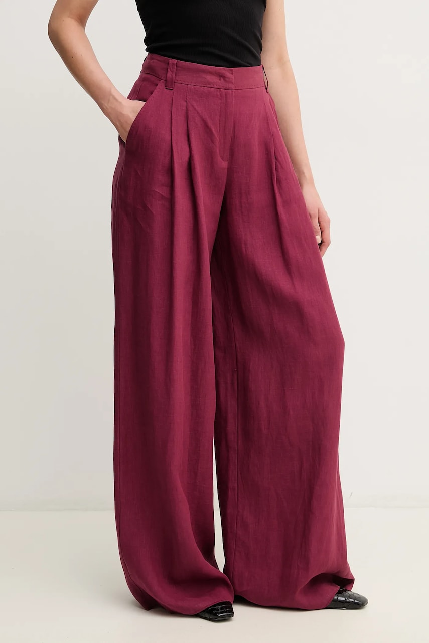 Marella pantaloni din in ZAMA femei, culoarea bordo, lat, high waist, 2513131132200